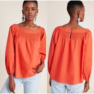 NEW Anthropologie Maeve Medium Orange Smocked Orange Loose Balloon Sleeve Blouse